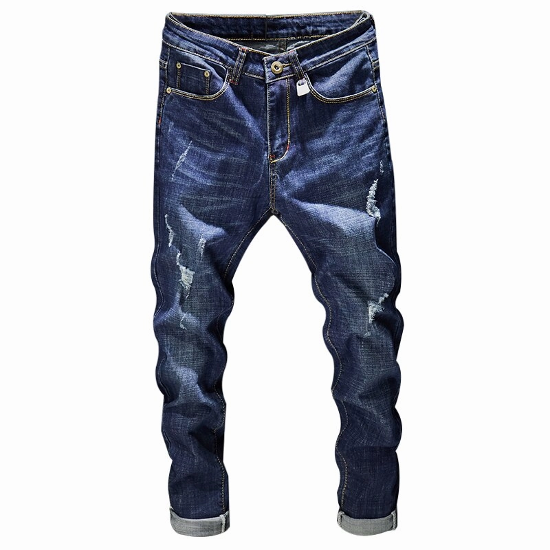 Youth Style Stylish Road Trip Luxury Textured West Louis? Distressed Ripped Dark Blue Denim Jeans