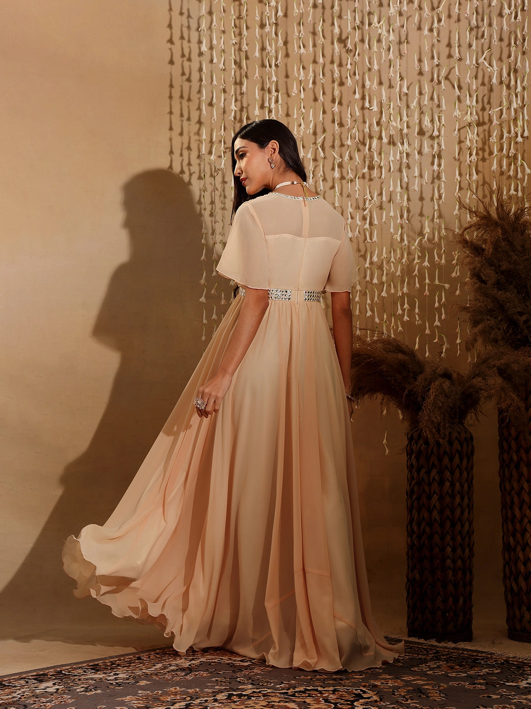 Women's Peach V-Neck Flared/ Bell Sleeves Georgette Solid Fit & Flare Maxi Dress Ruffle-Detail Cozy Flex