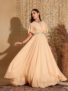 Women's Peach V-Neck Flared/ Bell Sleeves Georgette Solid Fit & Flare Maxi Dress Minimalist-Trend Modern Layers