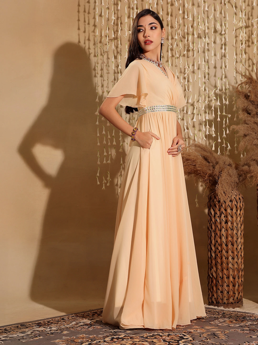 Women's Peach V-Neck Flared/ Bell Sleeves Georgette Solid Fit & Flare Maxi Dress Smart Fit Wear Smooth Mood