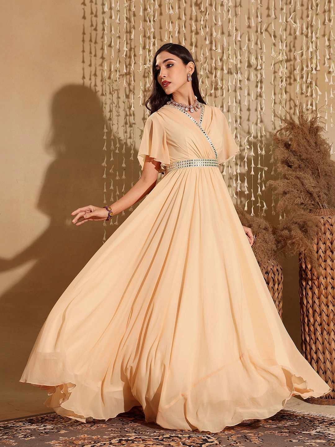 Women's Peach V-Neck Flared/ Bell Sleeves Georgette Solid Fit & Flare Maxi Dress Minimalist-Trend Modern Layers