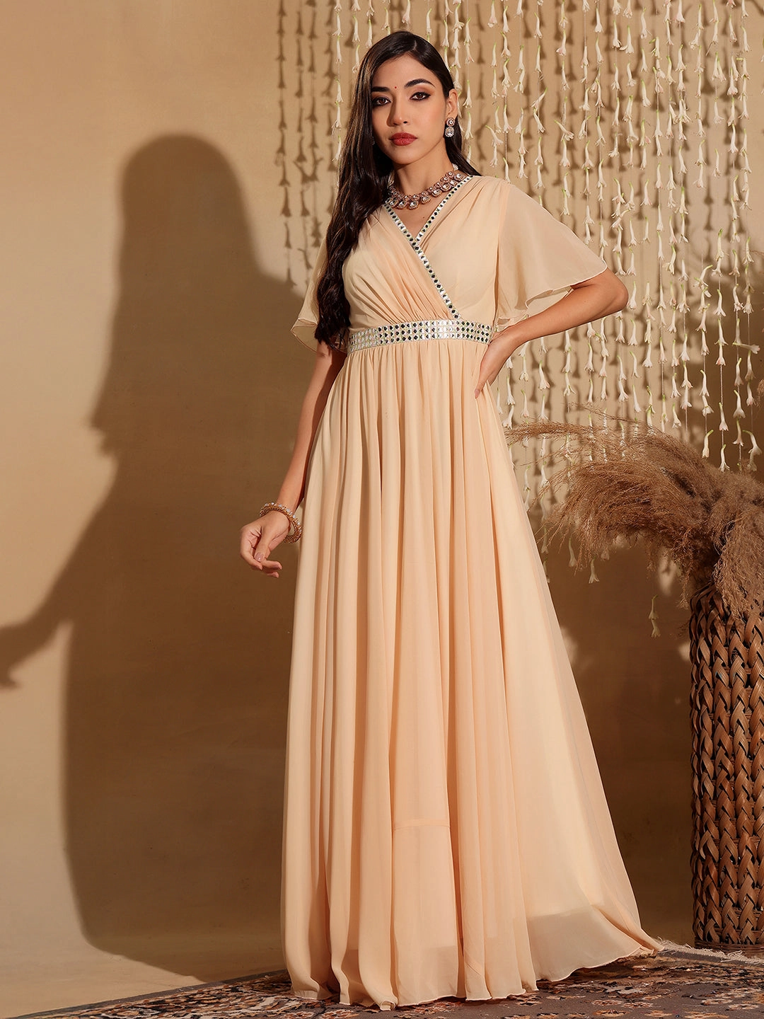 Women's Peach V-Neck Flared/ Bell Sleeves Georgette Solid Fit & Flare Maxi Dress Gentle Drape Relaxed Waist