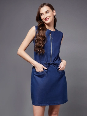 Women's Navy Blue Round neckline Sleeveless Solid Shift Above-Knee Dress Party Perfect