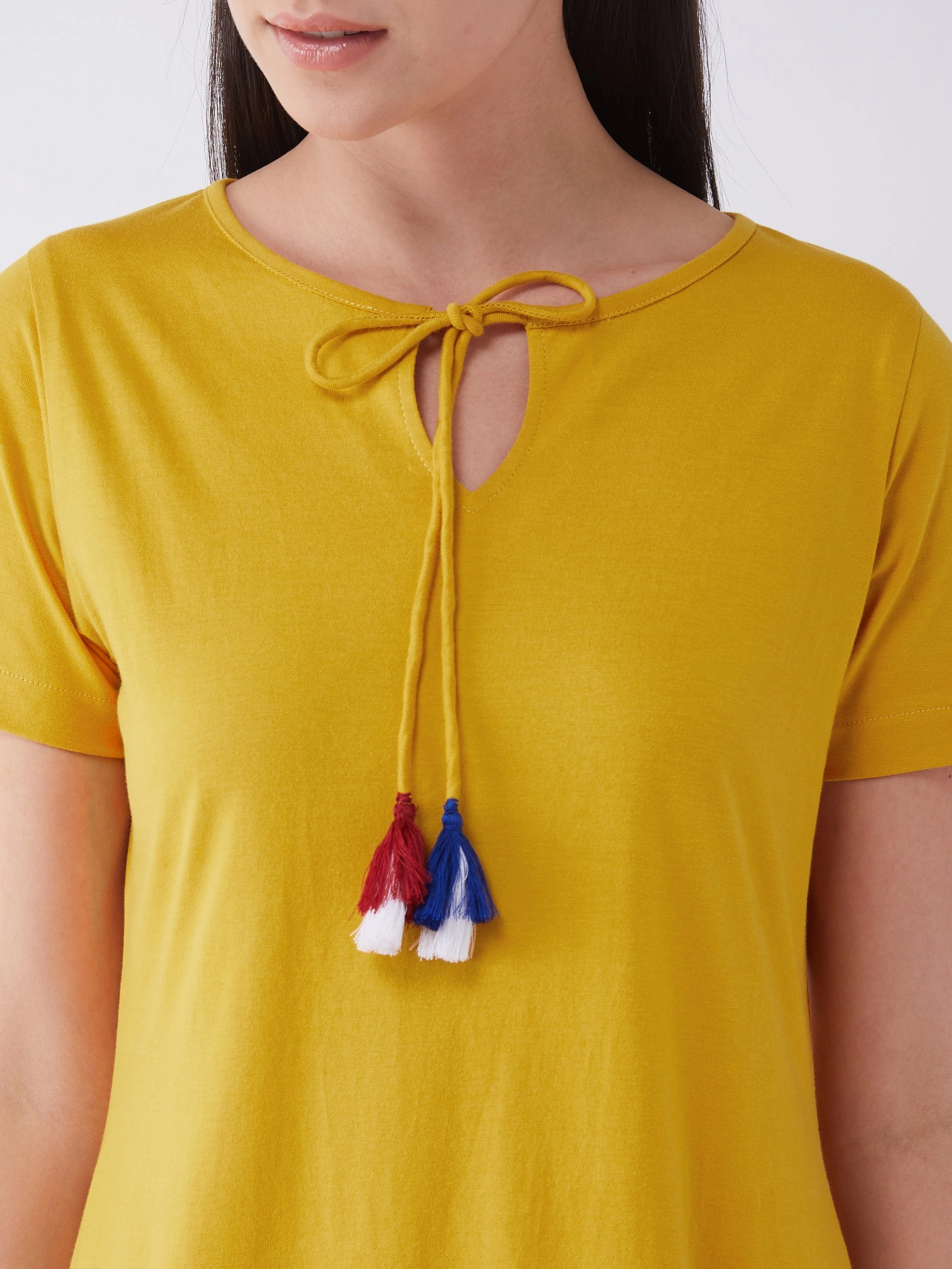 Versatile Piece Adjustable Straps Women's Mustard Yellow Round Neck Short Sleeve Solid Regular Length Dress