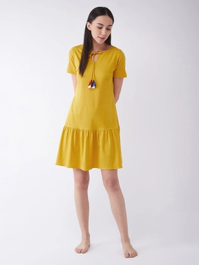 Women's Mustard Yellow Round Neck Short Sleeve Solid Regular Length Dress Bright Appeal