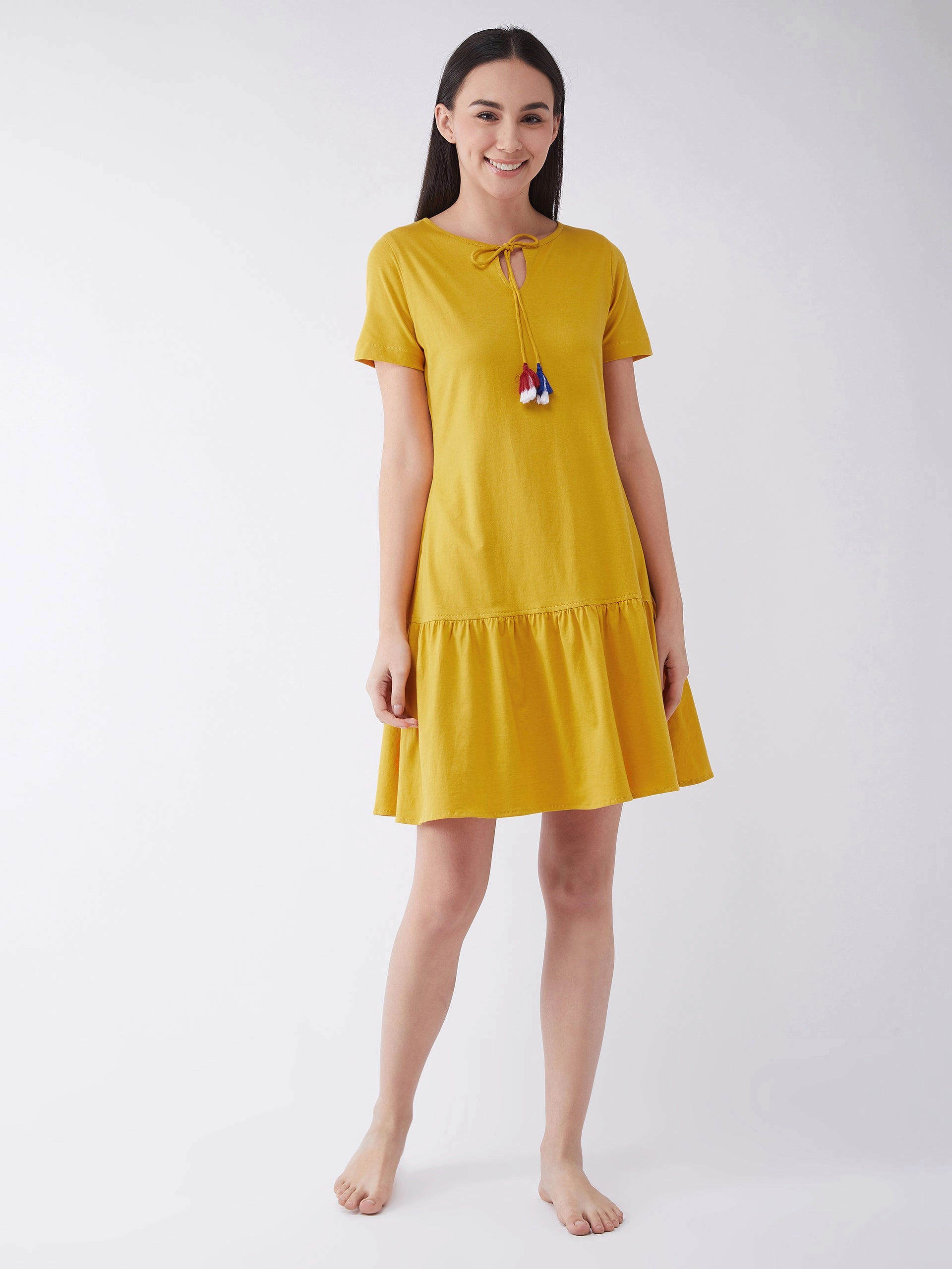 Women's Mustard Yellow Round Neck Short Sleeve Solid Regular Length Dress Office Smart Everyday Piece
