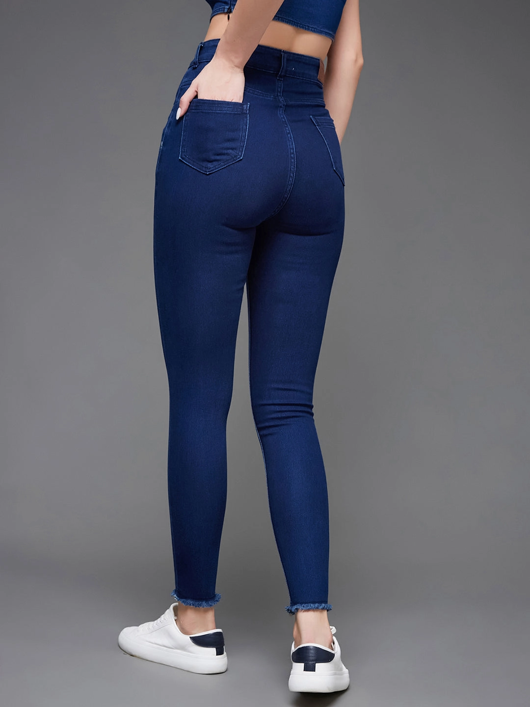 Tapered leg Night Out Everyday Holiday Vibes Women's Navy Blue Skinny High-Rise Solid Cropped Fringed Hemline Stretchable Denim Jeans