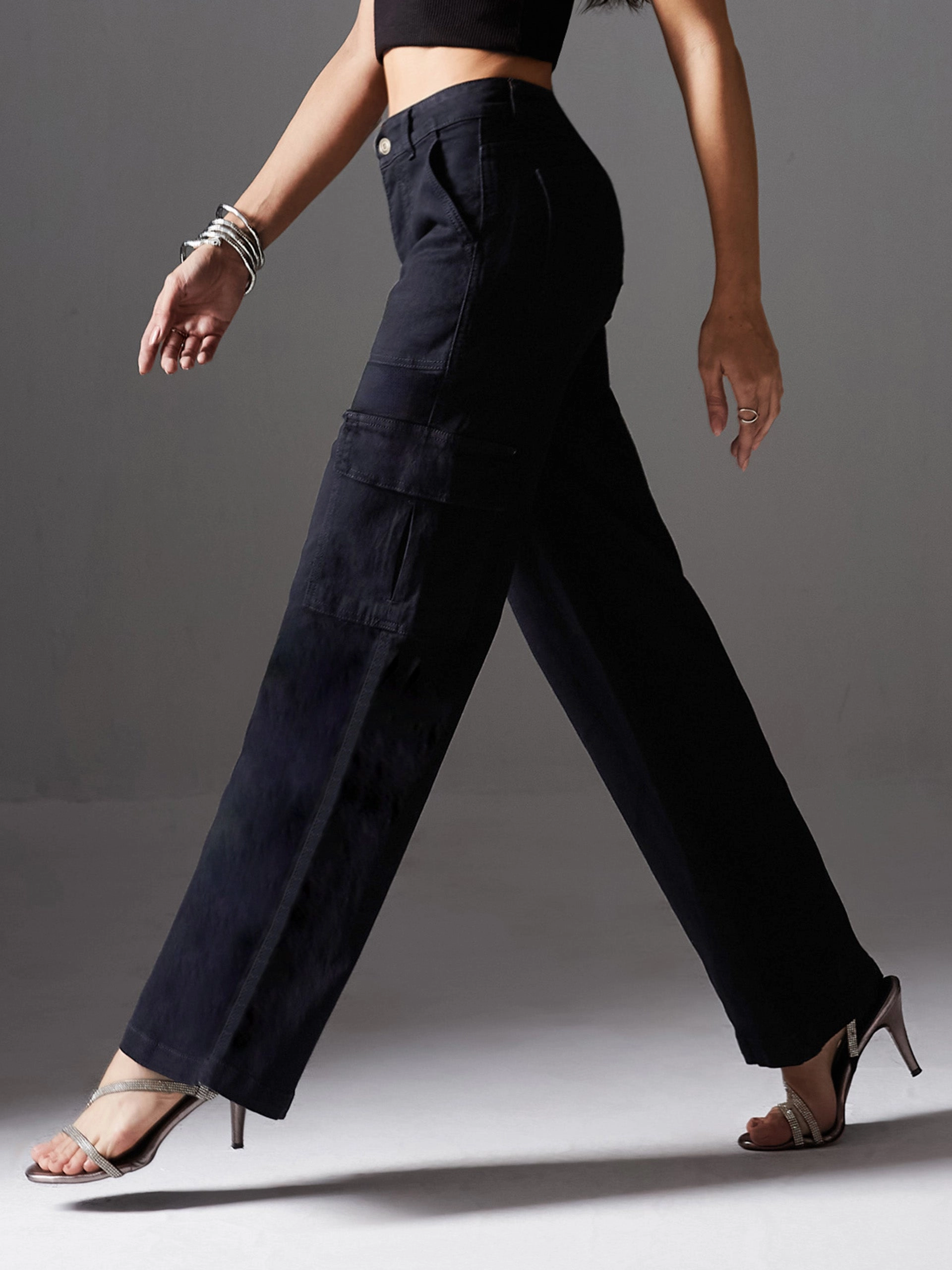 Comfortable Design Fresh casual CHASEstretch? Women's Black Wide-Leg High-Rise Denim Cargo Jeans