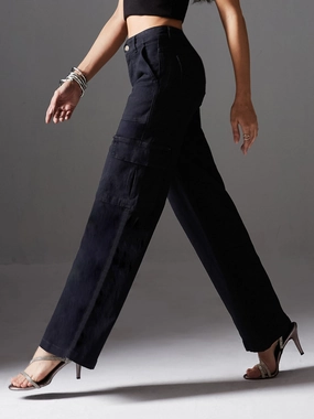 Comfortable Design Fresh casual CHASEstretch? Women's Black Wide-Leg High-Rise Denim Cargo Jeans