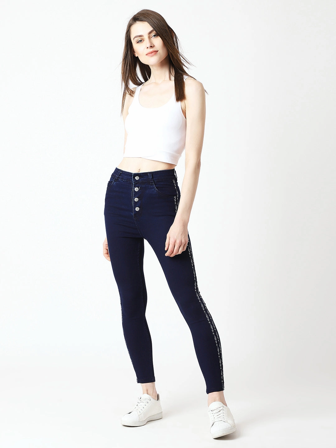 24/7 Comfort Navy-Blue Skinny High-Rise Clean-Look Cropped Denim Jeans Chic Silhouette