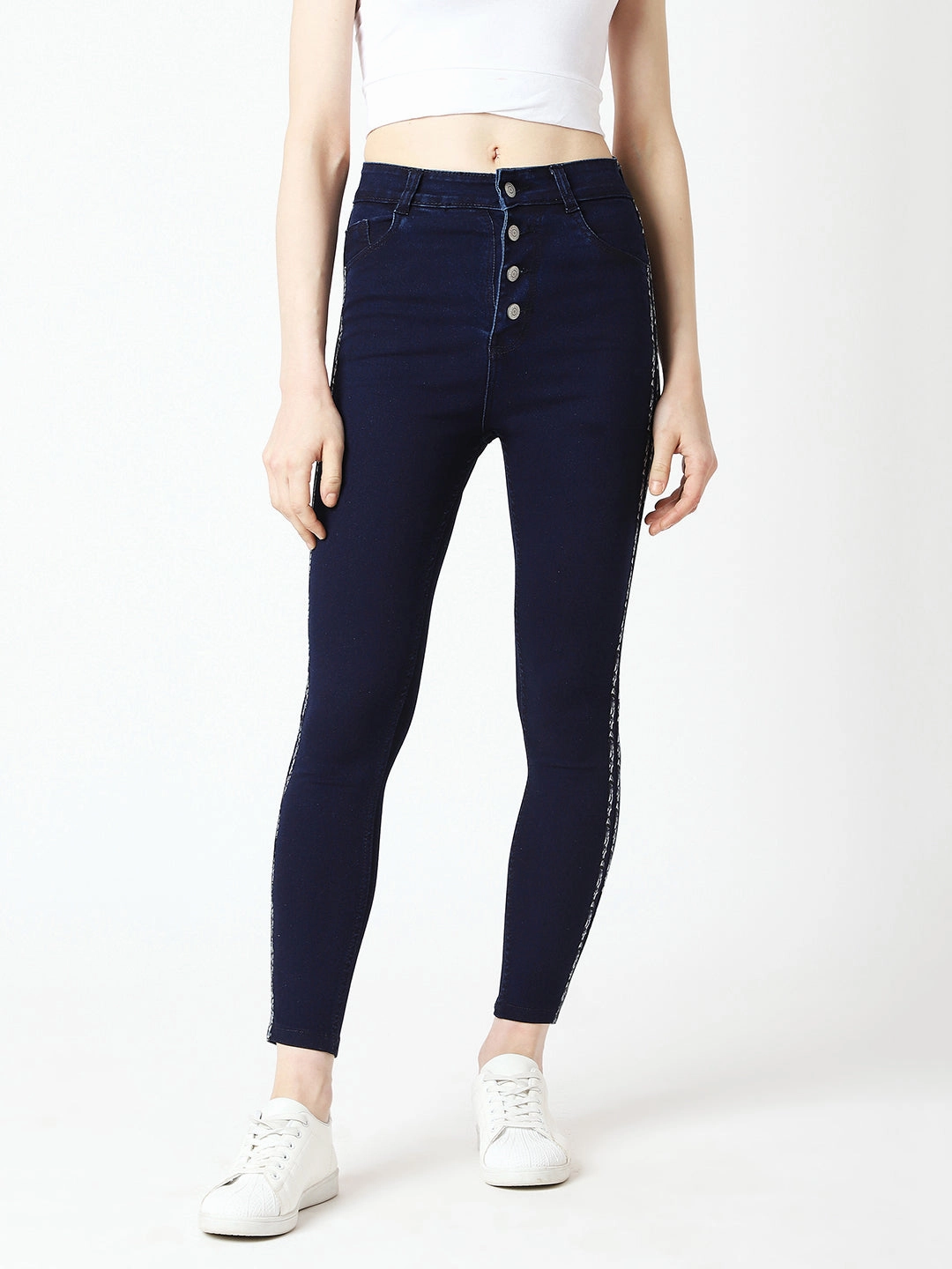 24/7 Comfort Navy-Blue Skinny High-Rise Clean-Look Cropped Denim Jeans Daily Style