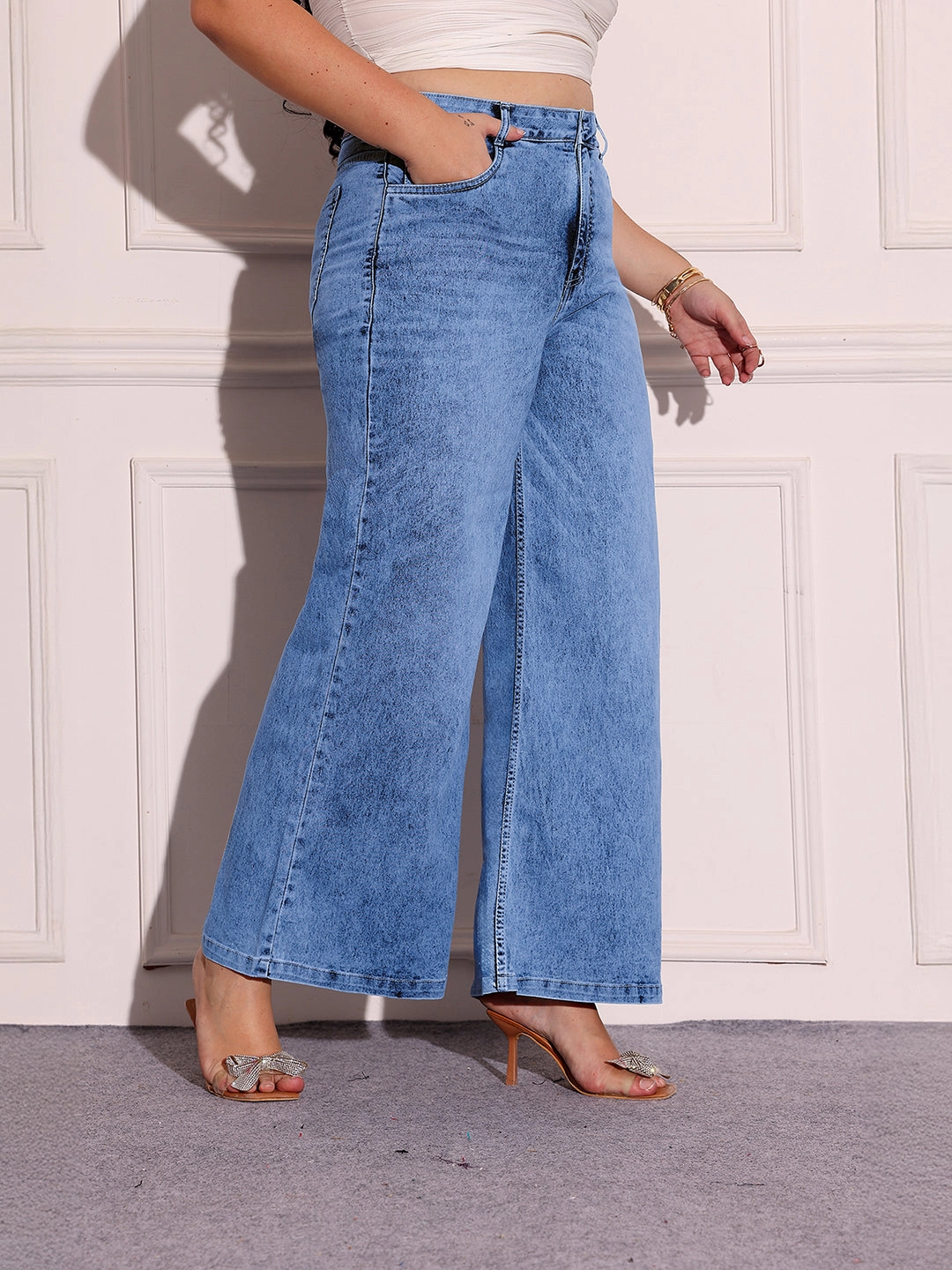 Advanced Stretch Recovery Women's Light Blue Wide-Leg High-Rise Clean-Look Stretchable Shaping Denim Jeans