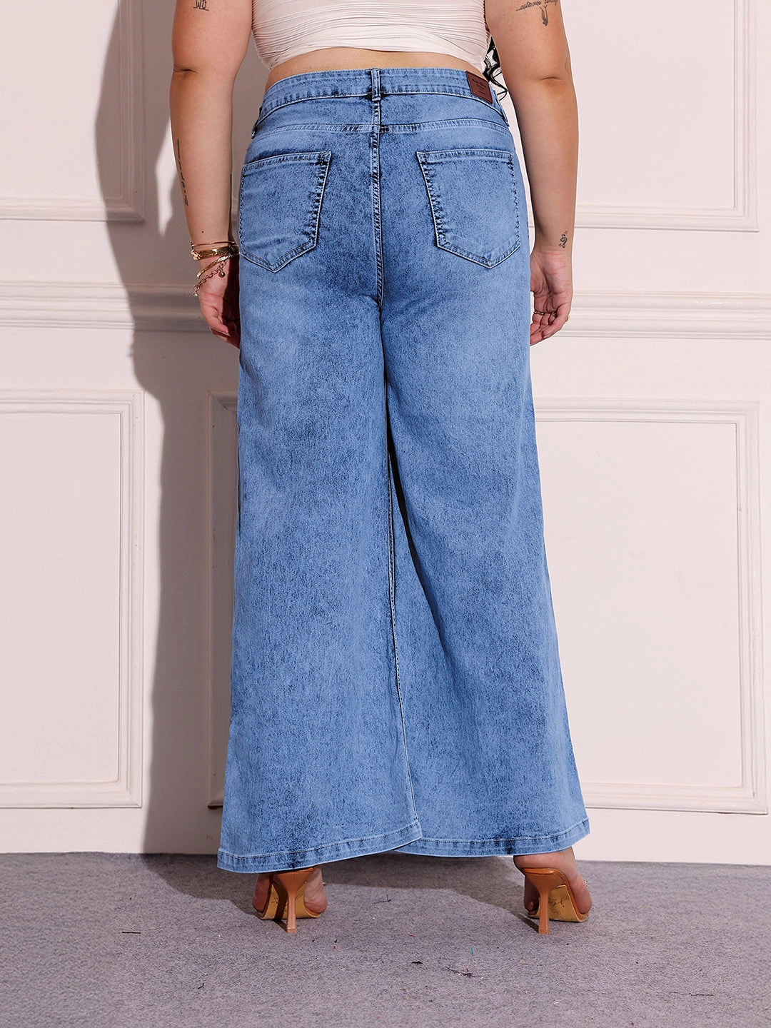 Women's Light Blue Wide-Leg High-Rise Clean-Look Stretchable Shaping Denim Jeans Flexible Waistband