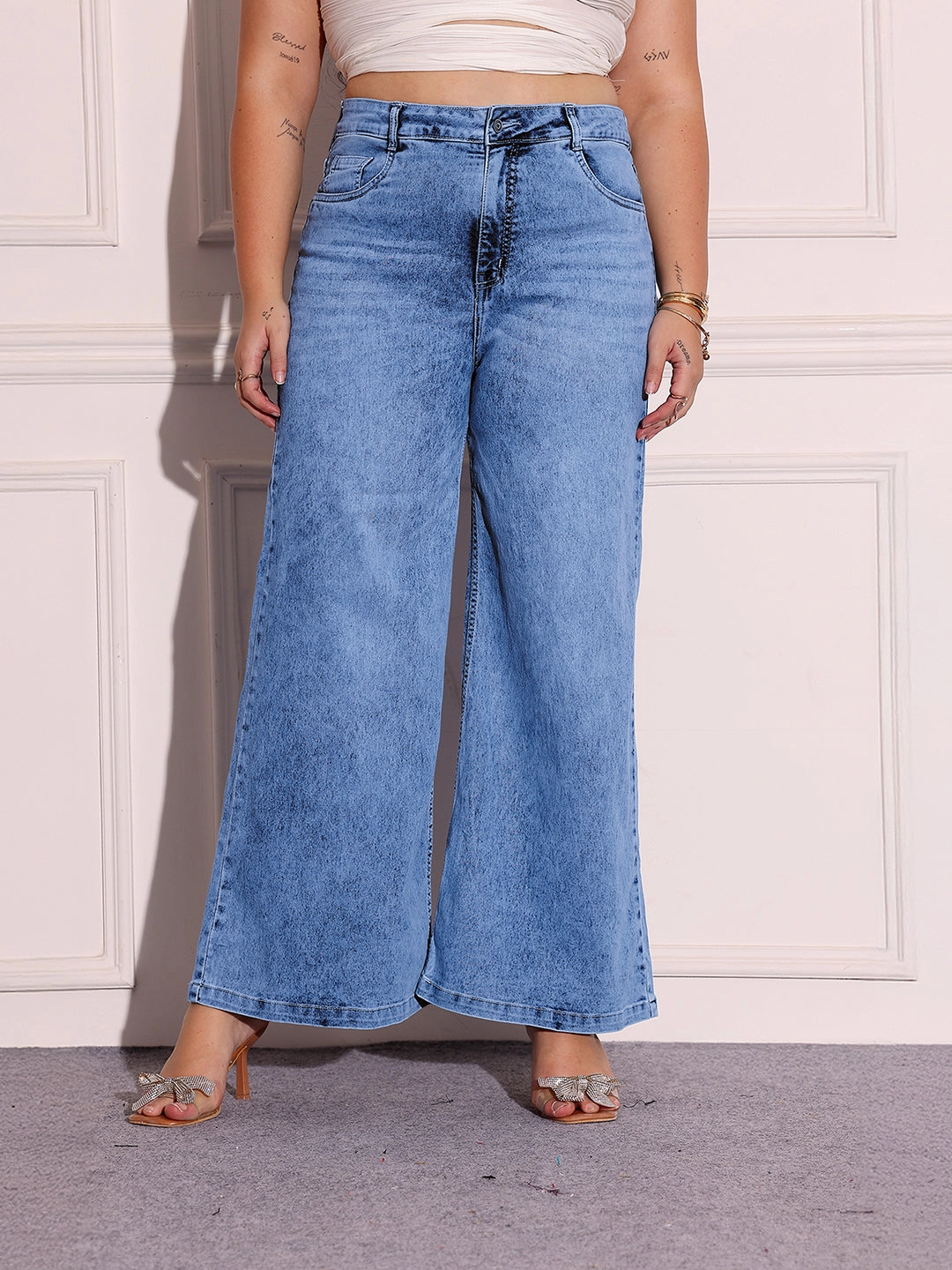 Relaxed Style Lightweight Durable Night Out Bold Look Women's Light Blue Wide-Leg High-Rise Clean-Look Stretchable Shaping Denim Jeans