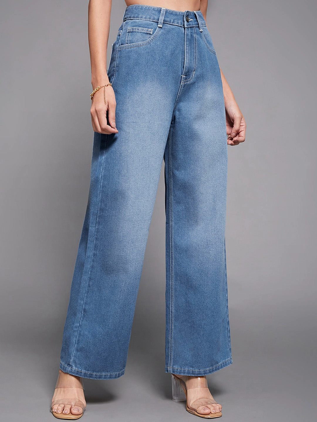 Morning Stroll Music Event Office Wear Women's Light Blue Wide-Leg High-Rise Non-stretchable Denim Jeans