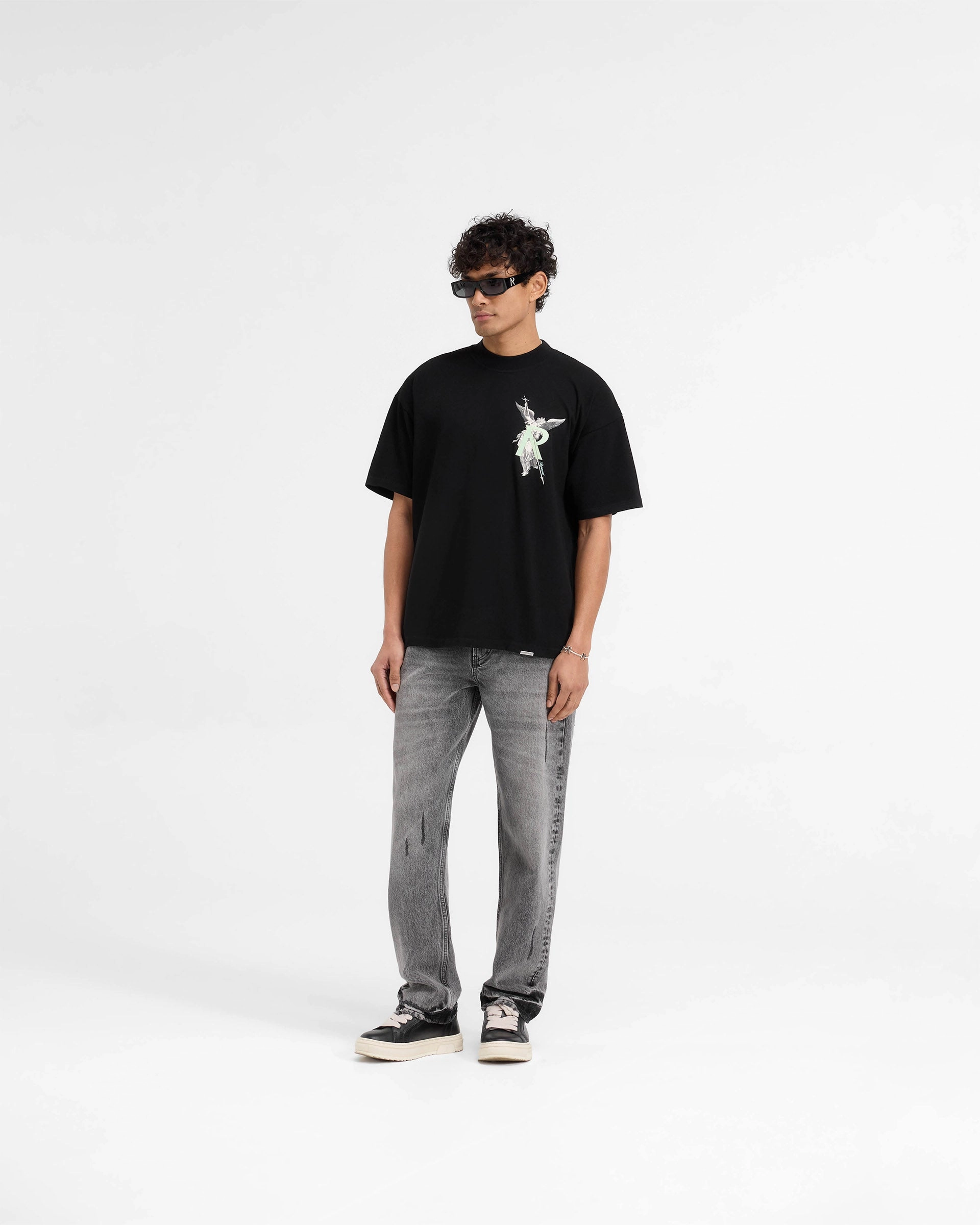 Lace trim Leather combination Archangel Initial T-Shirt - Jet Black