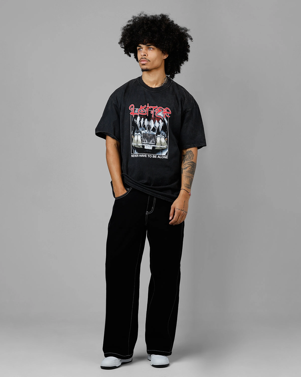 Loiter Always And Forever T-Shirt Black Acidwash Relaxed Tee Eco friendly materials