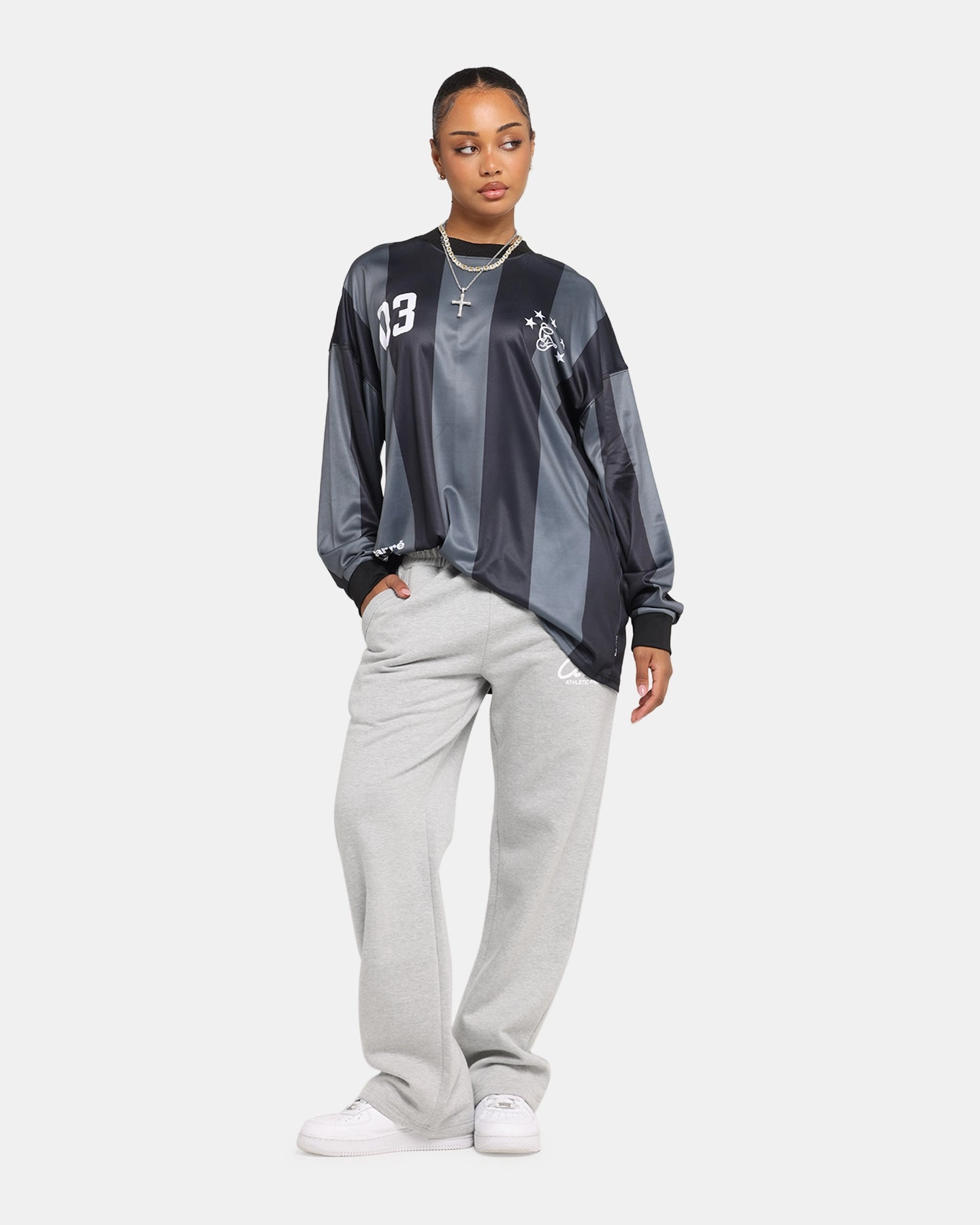 Quick Access Slit Curved Hemline Carre Academy Oversized Long Sleeve T-Shirt Black/Grey