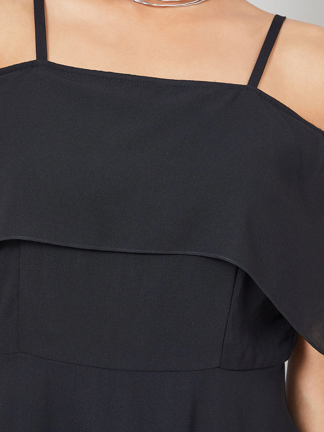 Summer Mood Women's Black Bardot Style Sleeveless Spaghetti Strap Solid Off Shoulder Midi Skater Dress