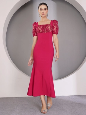 Scandi Clean All Gender Fit Women's Dark Pink Square Puff Sleeve Solid Lace Overlaid Ankle Length Dress