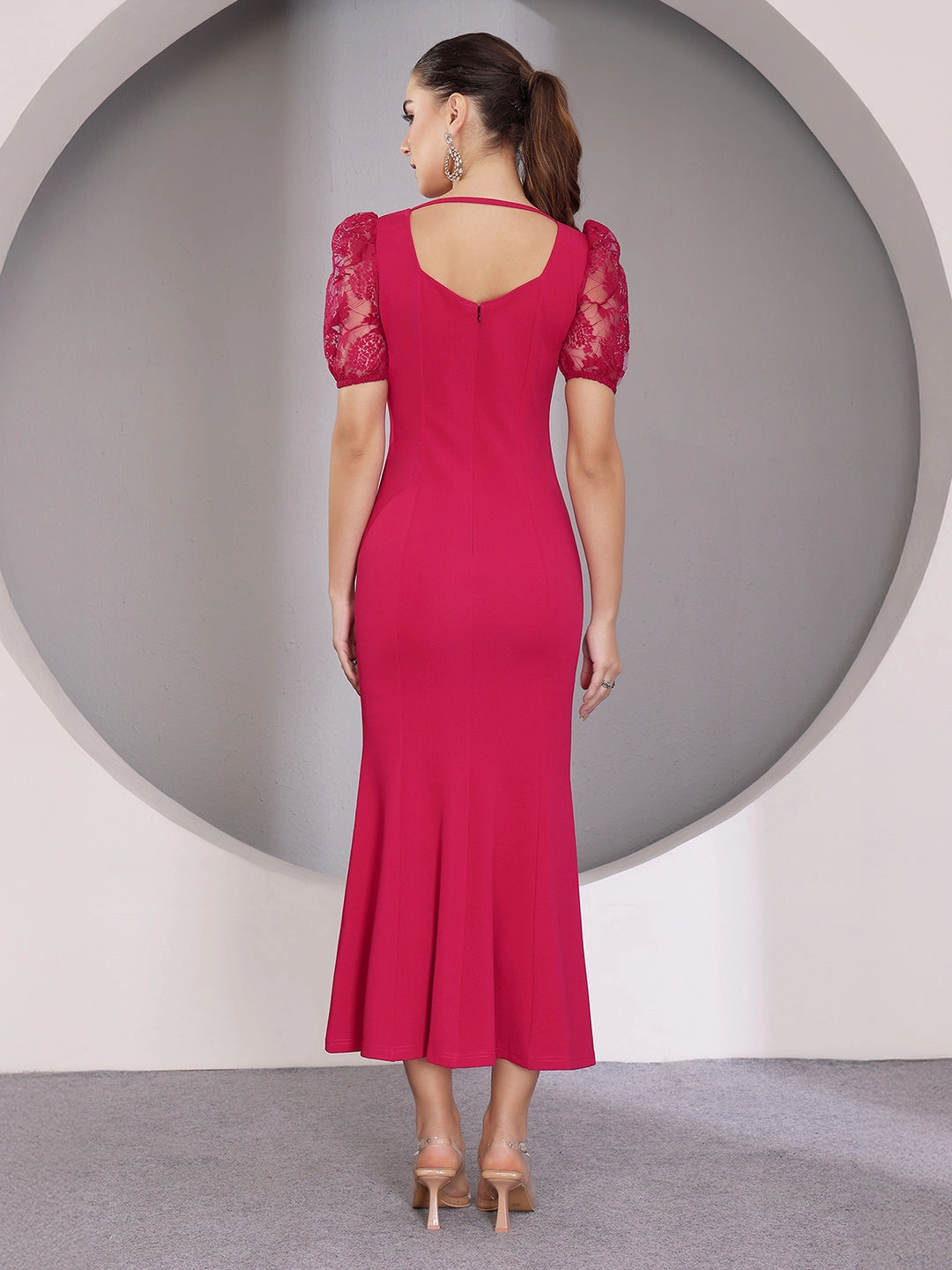 Romantic Hour Women's Dark Pink Square Puff Sleeve Solid Lace Overlaid Ankle Length Dress