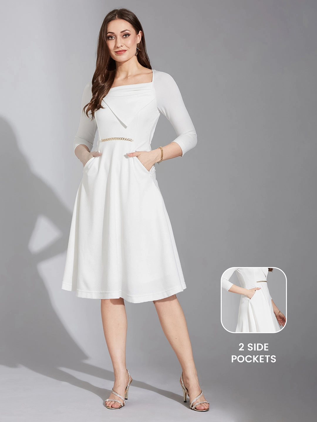 Balanced Tones Women's Off White Solid Square Neck Raglan Sleeves Side Pocketed Fit and Flare Knee-Length Dress