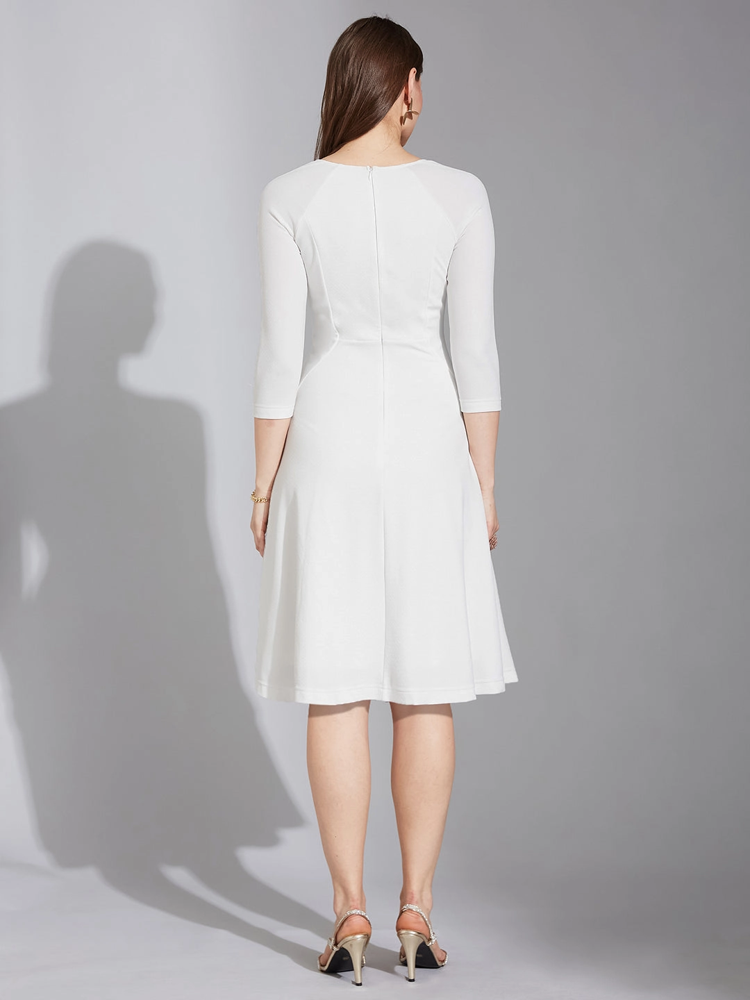 Timeless Waist Women's Off White Solid Square Neck Raglan Sleeves Side Pocketed Fit and Flare Knee-Length Dress