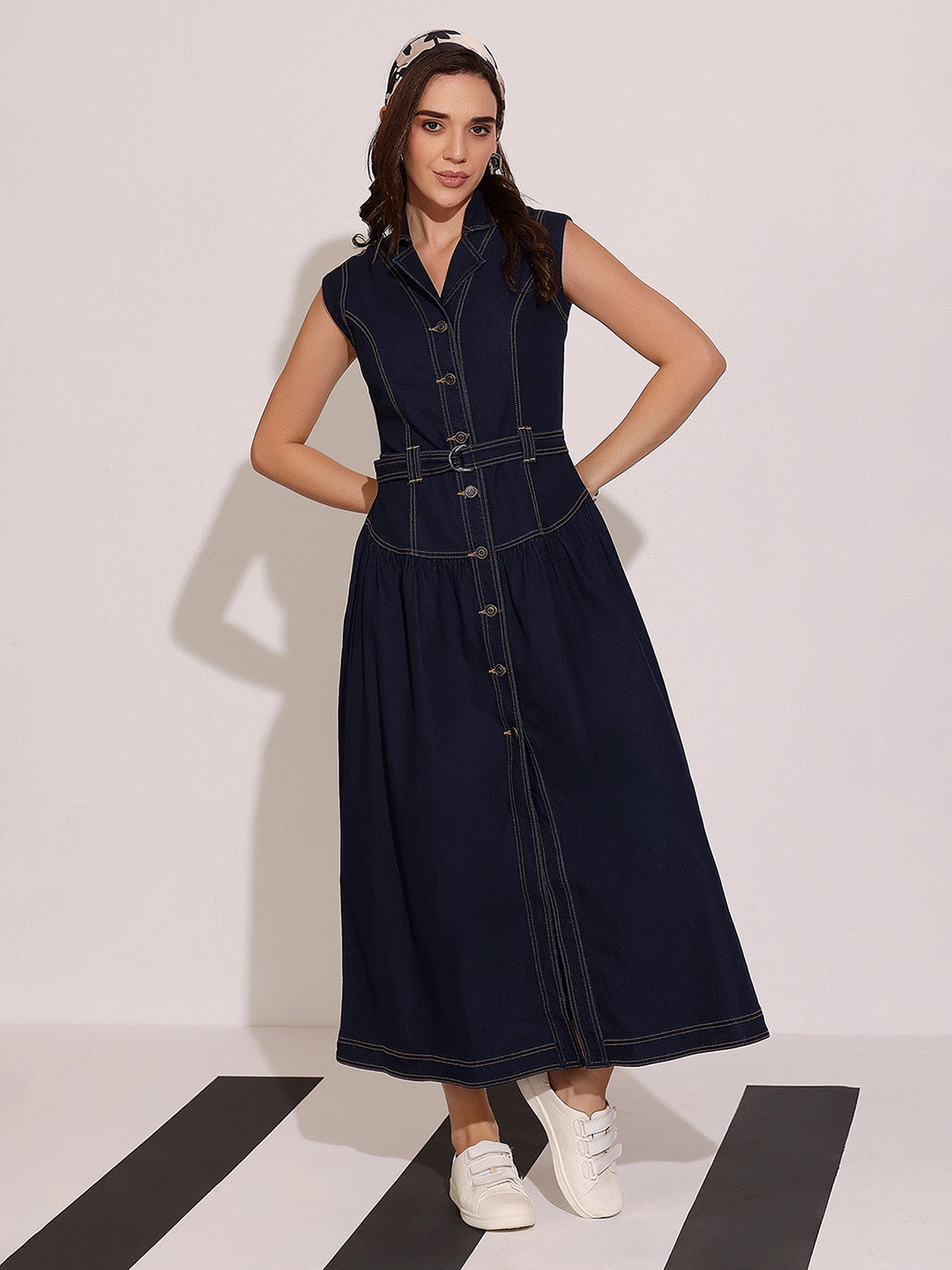Flexible Mood Women's Dark Blue Notched-Collar Sleeveless Solid Drop Waist Maxi-Length Light Weight Denim Shirt Dress