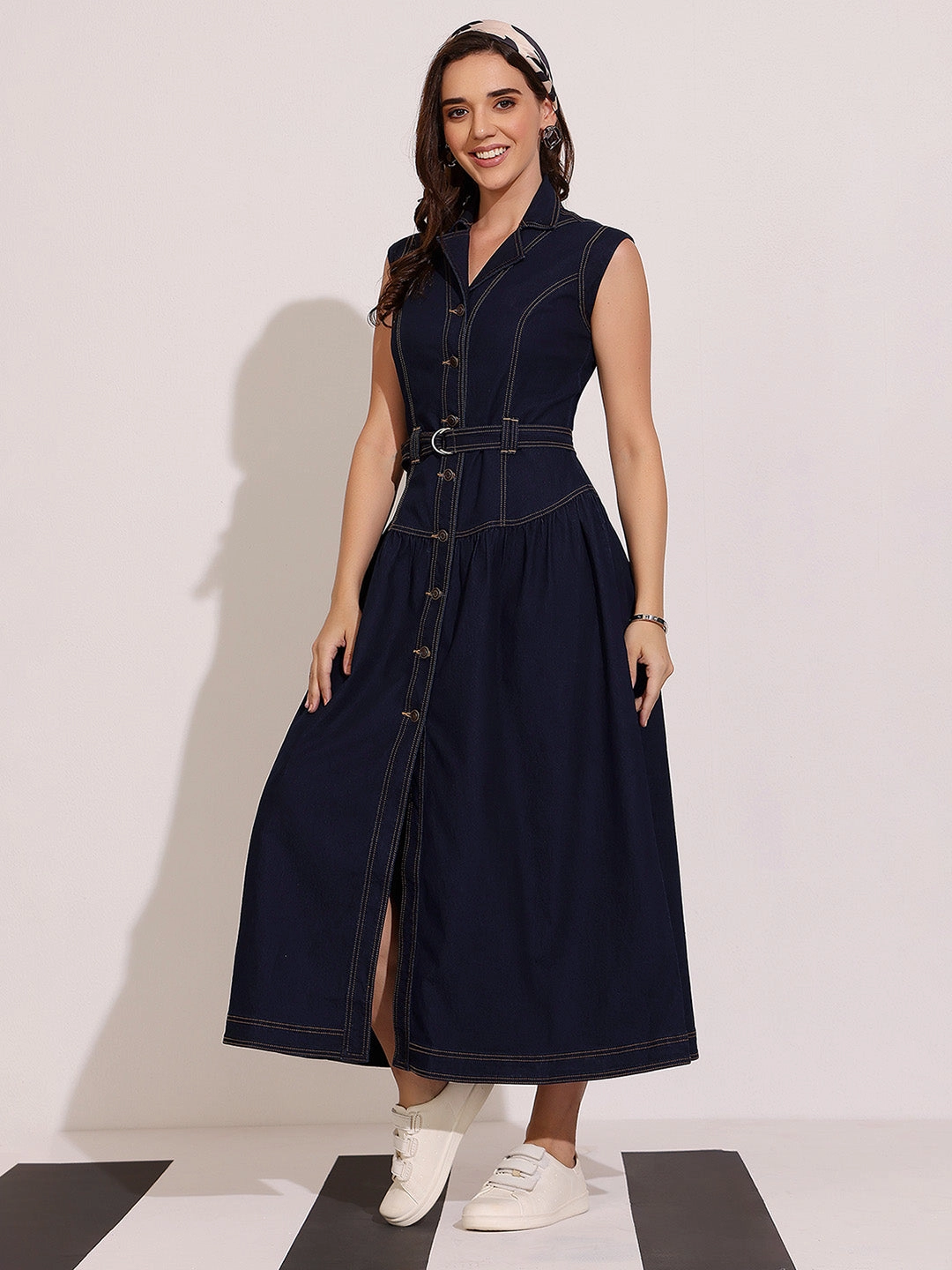 Women's Dark Blue Notched-Collar Sleeveless Solid Drop Waist Maxi-Length Light Weight Denim Shirt Dress Contrasting Detail