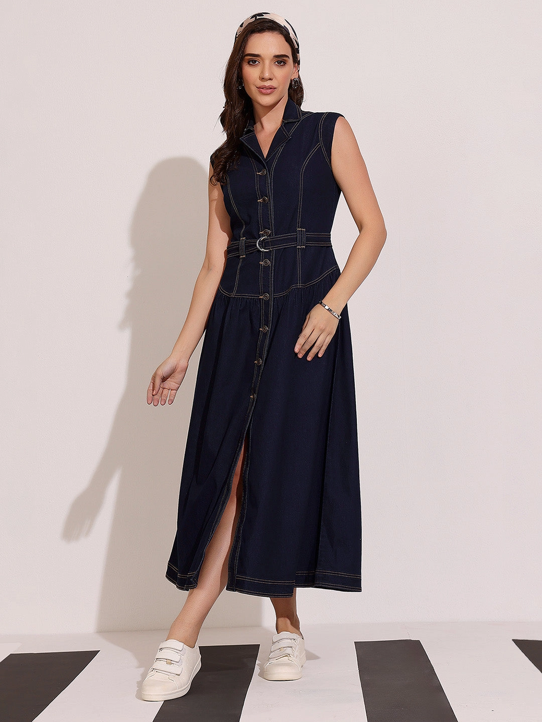 Women's Dark Blue Notched-Collar Sleeveless Solid Drop Waist Maxi-Length Light Weight Denim Shirt Dress Subtle Stitch Linen Vibe
