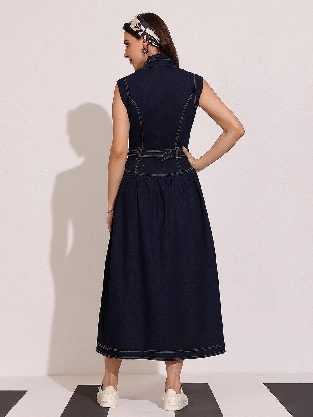 Stylish Cut Women's Dark Blue Notched-Collar Sleeveless Solid Drop Waist Maxi-Length Light Weight Denim Shirt Dress