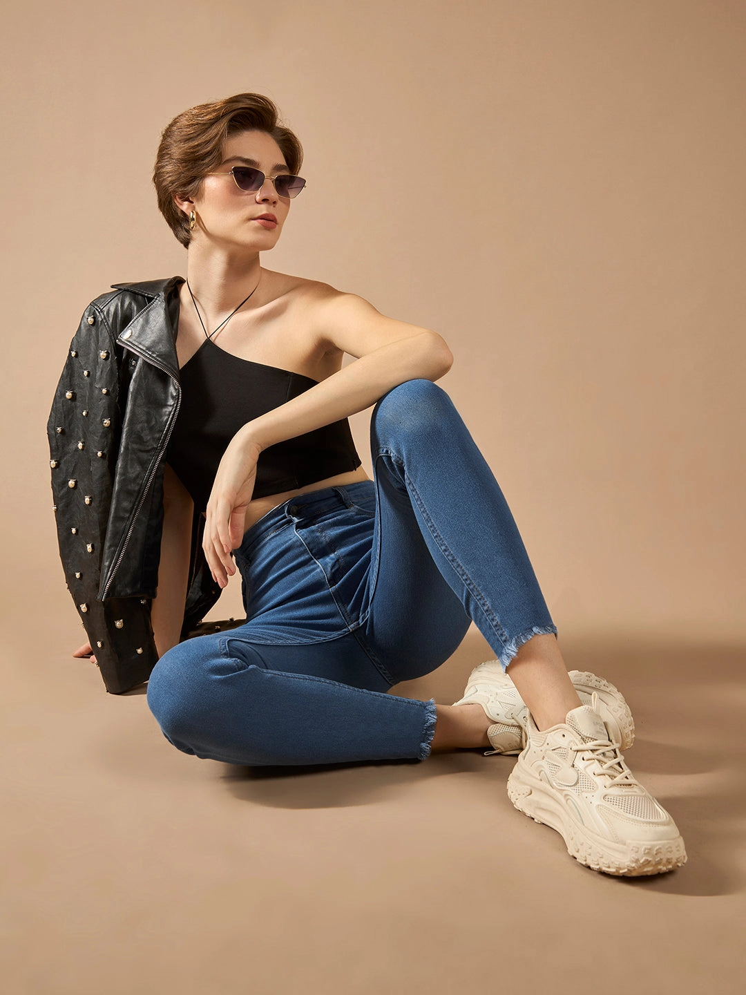 Relaxed Thigh Cut All Body Fit Women's Blue Skinny High-Rise Cropped-Length Fringe Detailing Stretchable Denim Jeans