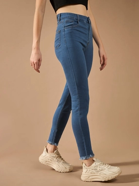 Work Meeting Weekend Style Streetwear Fan Stylish Choice Women's Blue Skinny High-Rise Cropped-Length Fringe Detailing Stretchable Denim Jeans