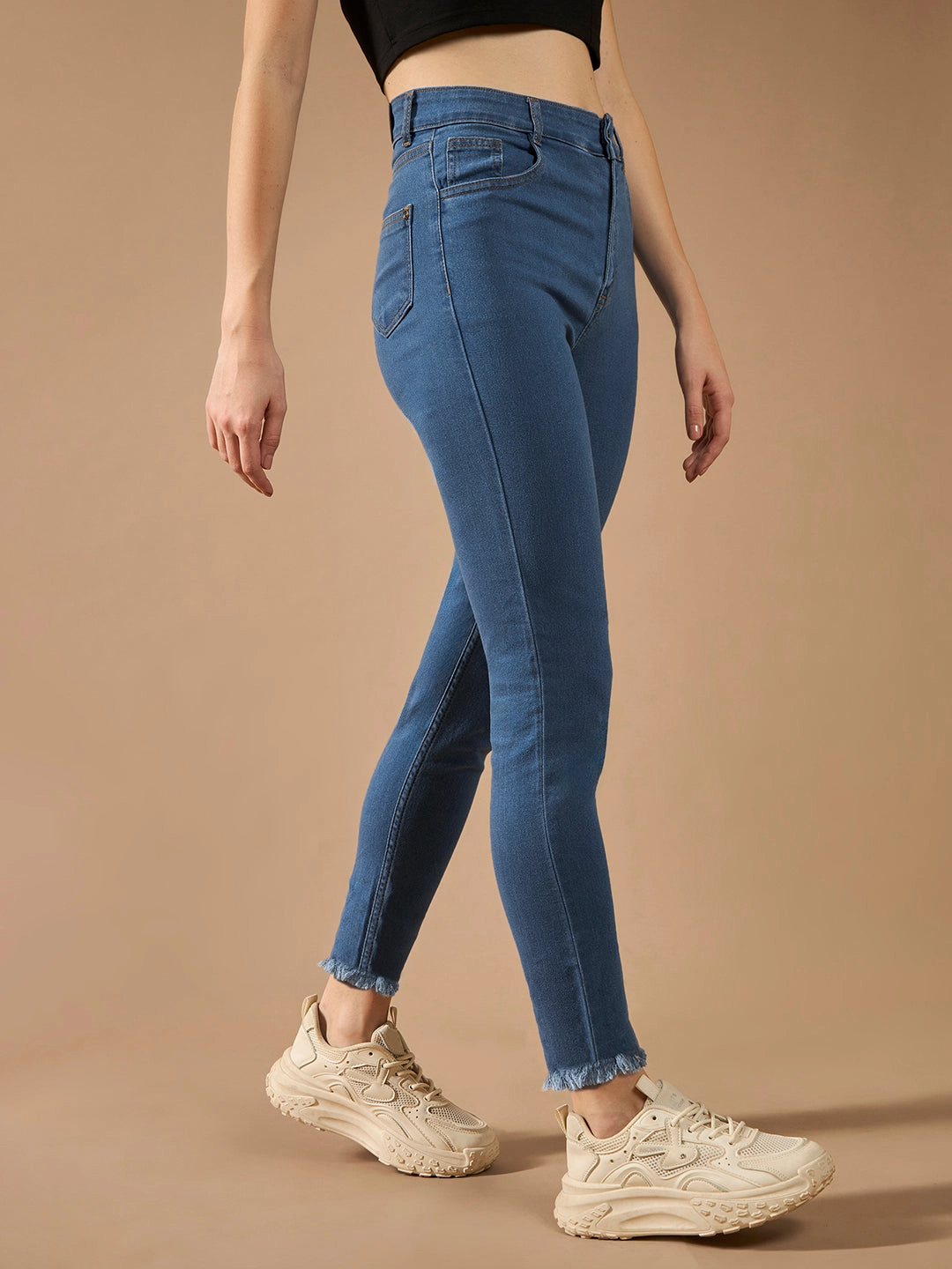 Work Meeting Weekend Style Streetwear Fan Stylish Choice Women's Blue Skinny High-Rise Cropped-Length Fringe Detailing Stretchable Denim Jeans