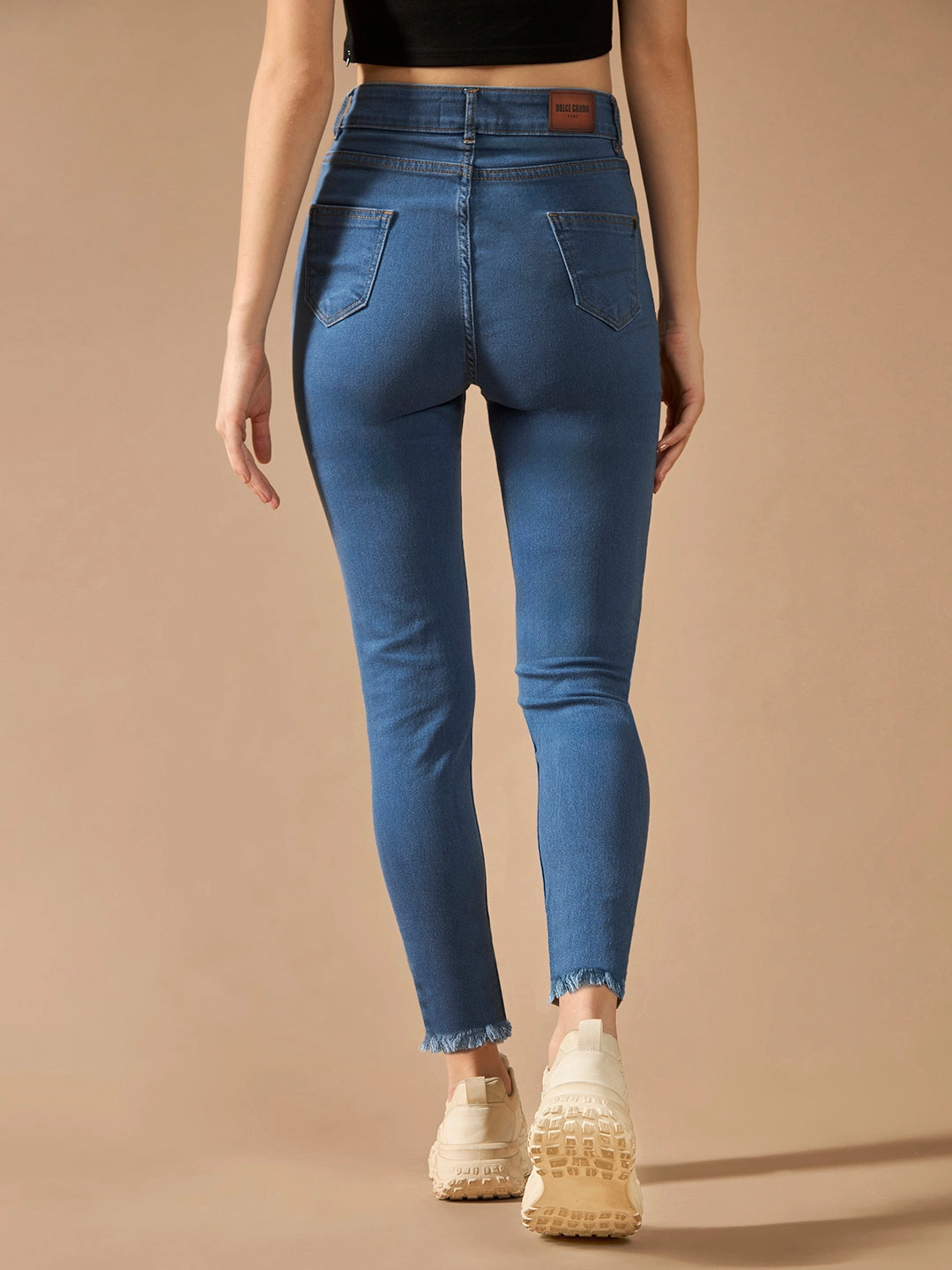 Women's Blue Skinny High-Rise Cropped-Length Fringe Detailing Stretchable Denim Jeans Smart Tailoring