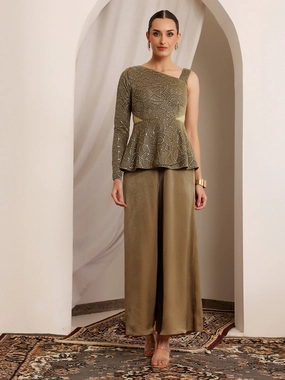 Lila Zari Dark Beige Geometric Peplum Satin Jumpsuit Silky Shape Daily Movement