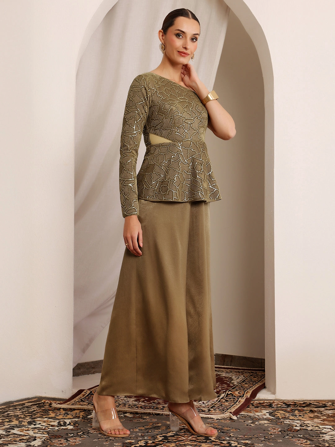 Lila Zari Dark Beige Geometric Peplum Satin Jumpsuit Classic Movement Chic Statement