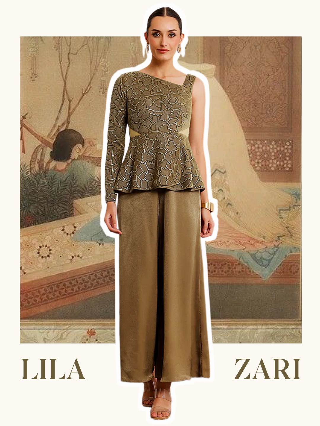 Lila Zari Dark Beige Geometric Peplum Satin Jumpsuit BiasCutSilhouette Sweetheart-Neck