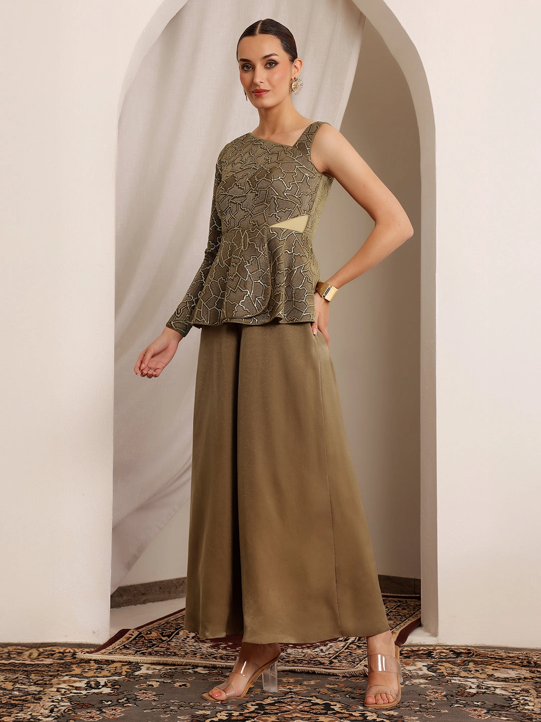 Lila Zari Dark Beige Geometric Peplum Satin Jumpsuit Celebrity-Inspired Light Fit