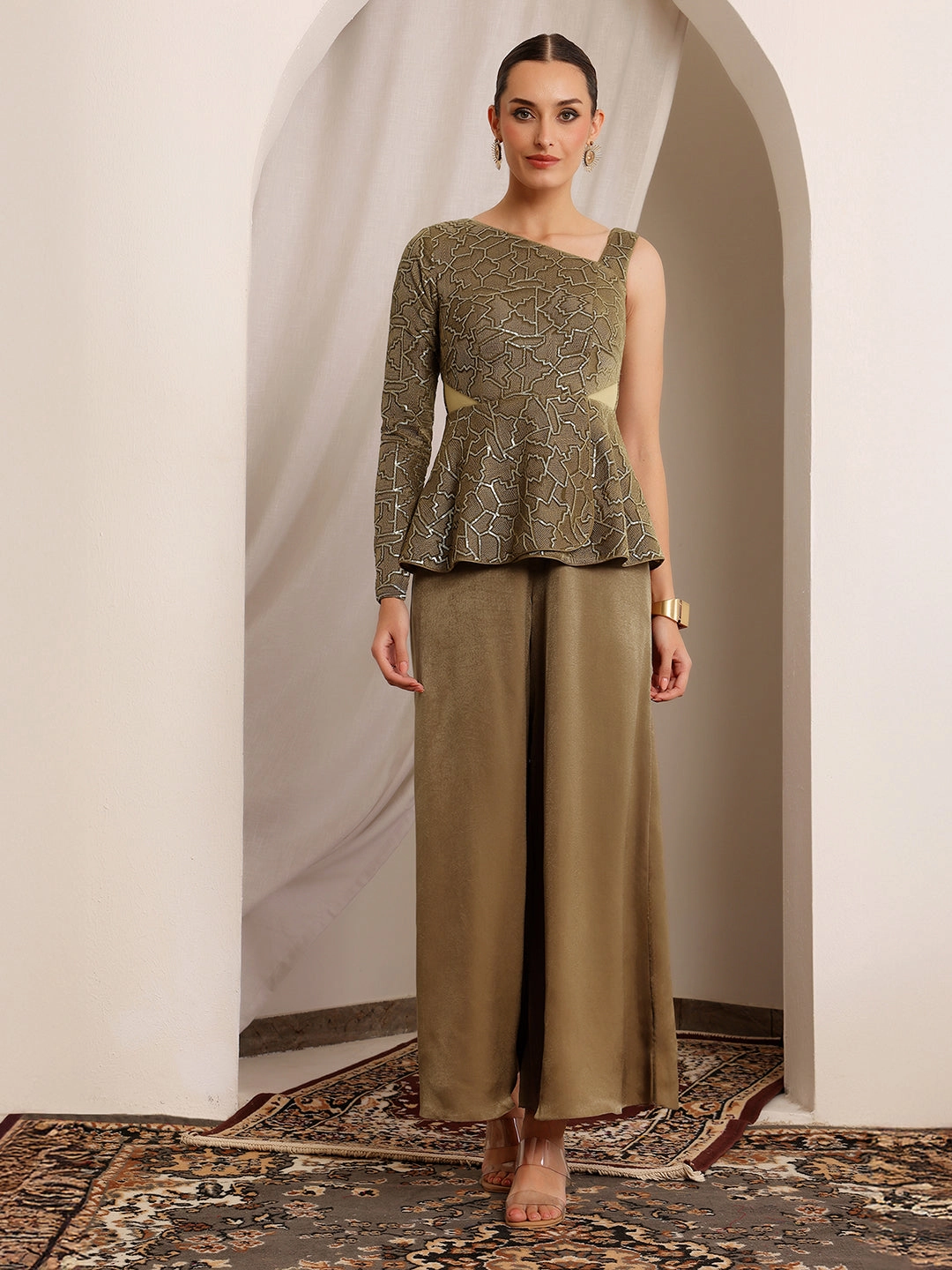 Lila Zari Dark Beige Geometric Peplum Satin Jumpsuit Silky Shape Daily Movement