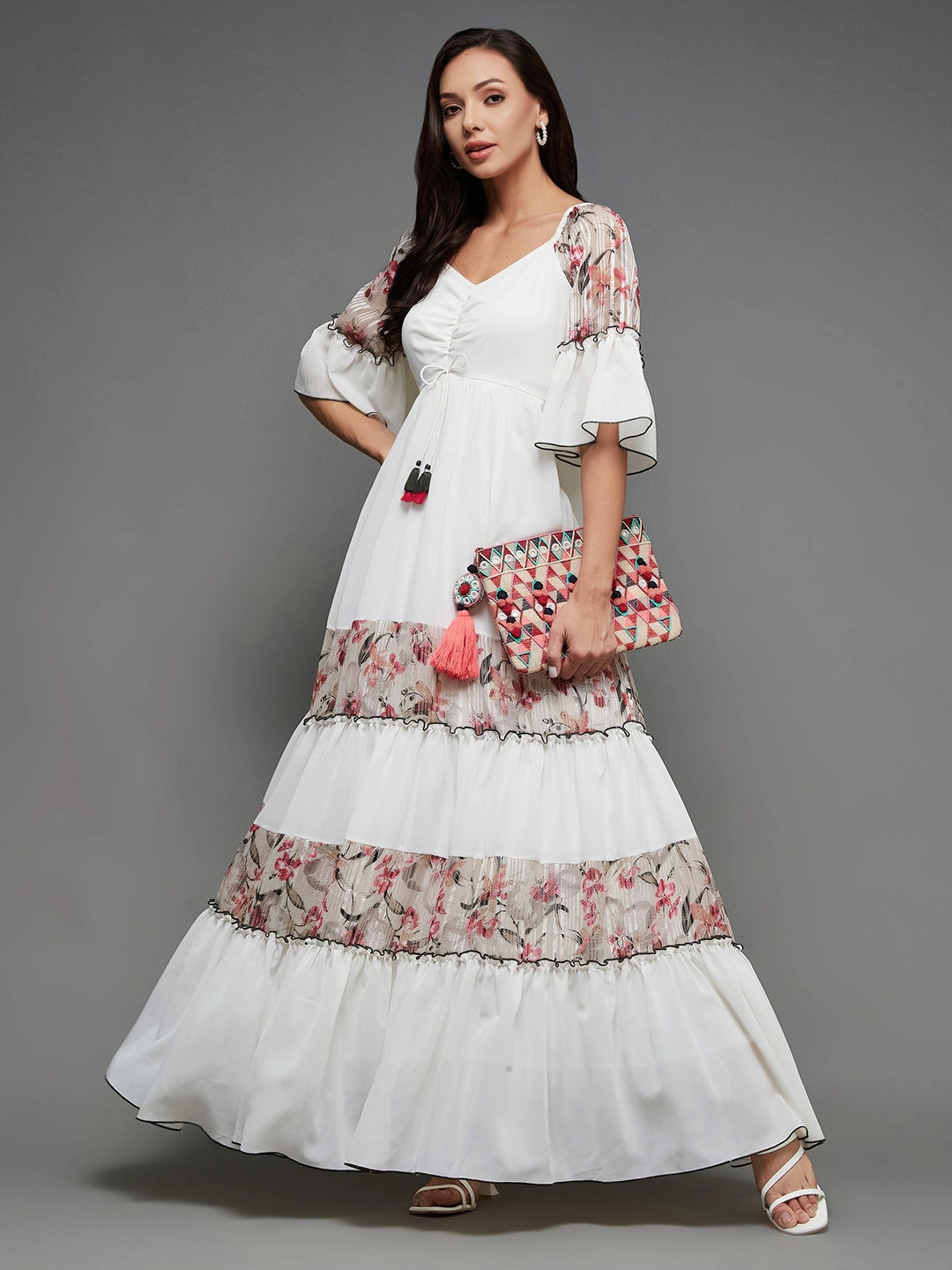 Chill Base Smart Tailoring Women's Multicolored-Base-Off White Sweetheart Neckline Ruffled Sleeve Floral Patterned Tiered Maxi Georgette Dress