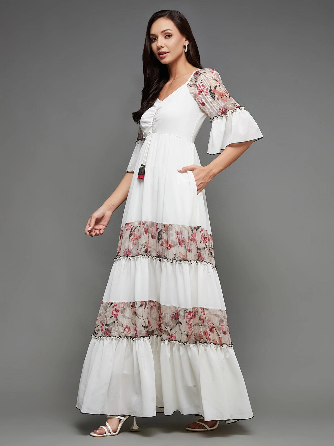 Ombre-Effect Timeless Waistband Fit Women's Multicolored-Base-Off White Sweetheart Neckline Ruffled Sleeve Floral Patterned Tiered Maxi Georgette Dress