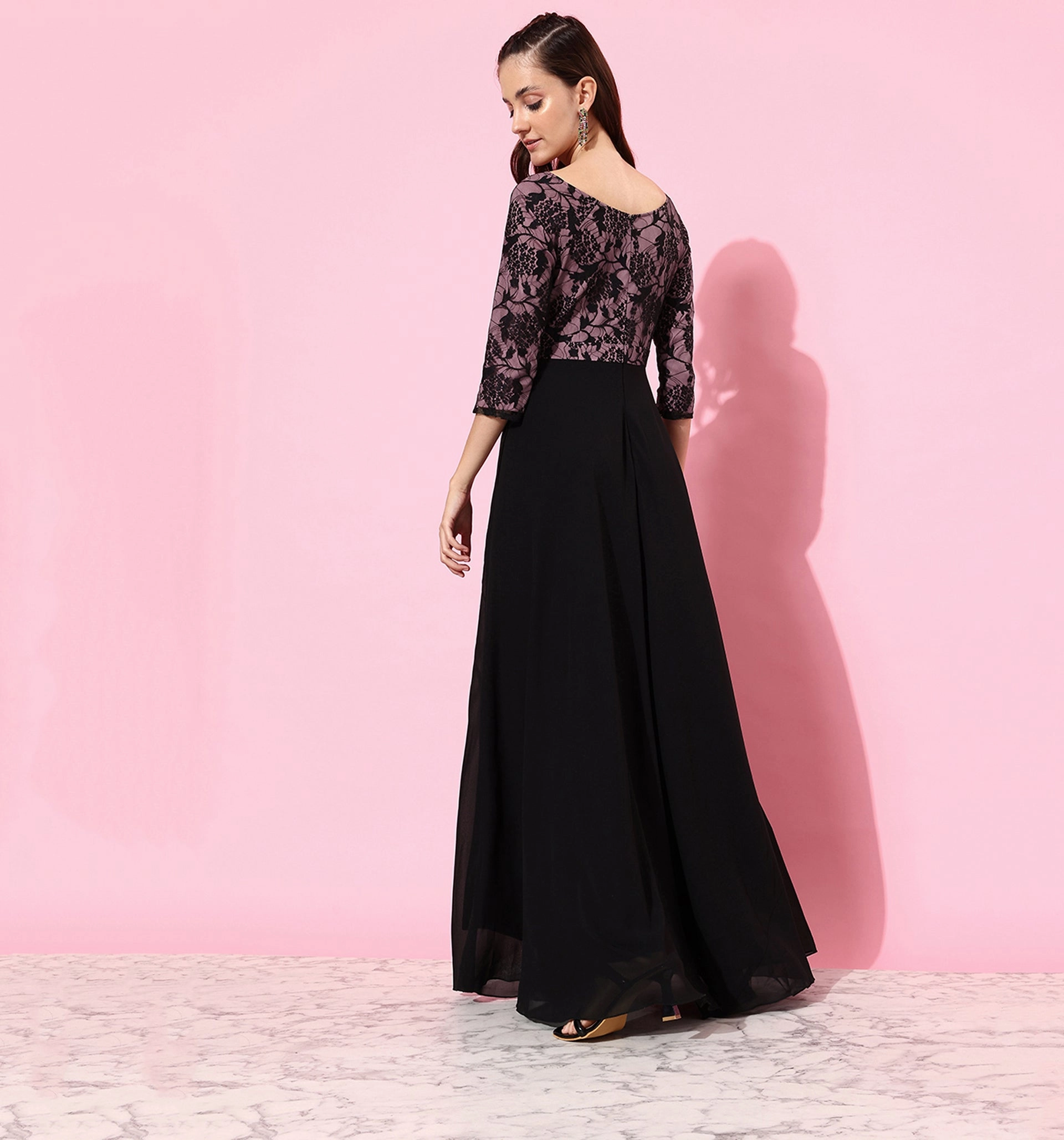 Vintage feel Women's Black And Lavender Sweet heart neck 3/4 Sleeve Self Design Fit & Flare Maxi Dress