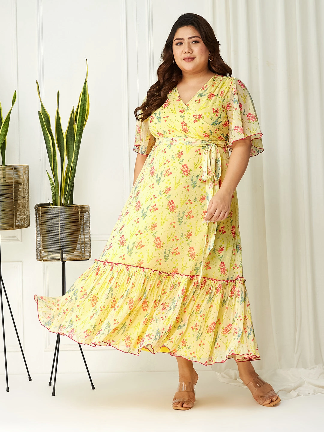 Body Bliss Multicolored-Base-Yellow Floral Wrap Maxi Dress All Layer