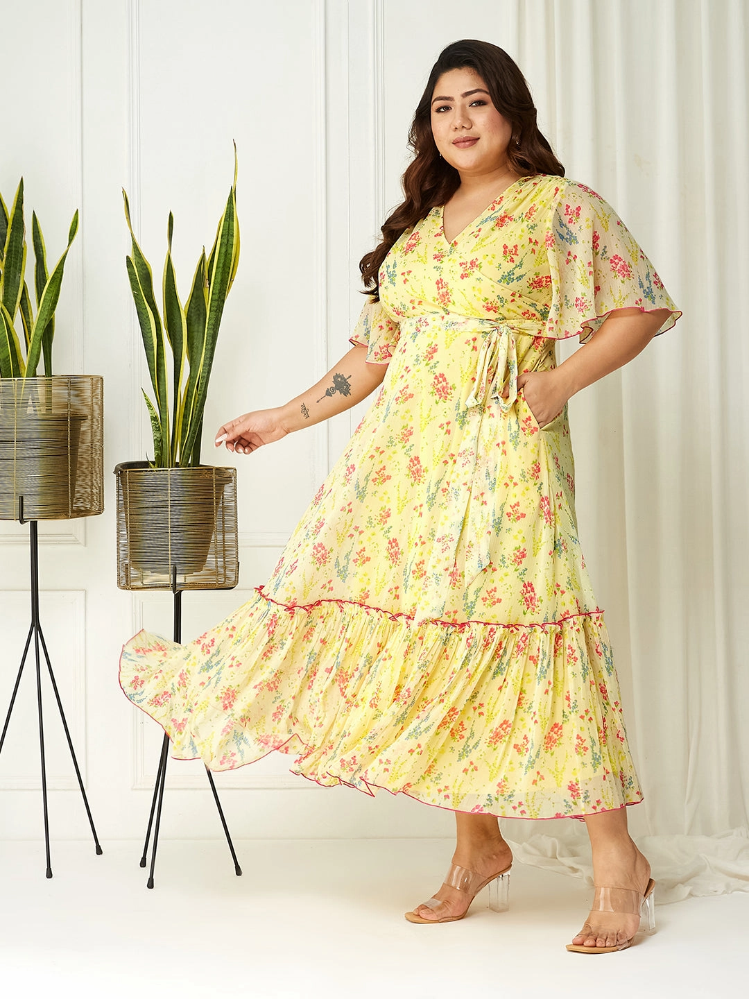 Elegant evening wear Flattering and Effortless Body Bliss Multicolored-Base-Yellow Floral Wrap Maxi Dress