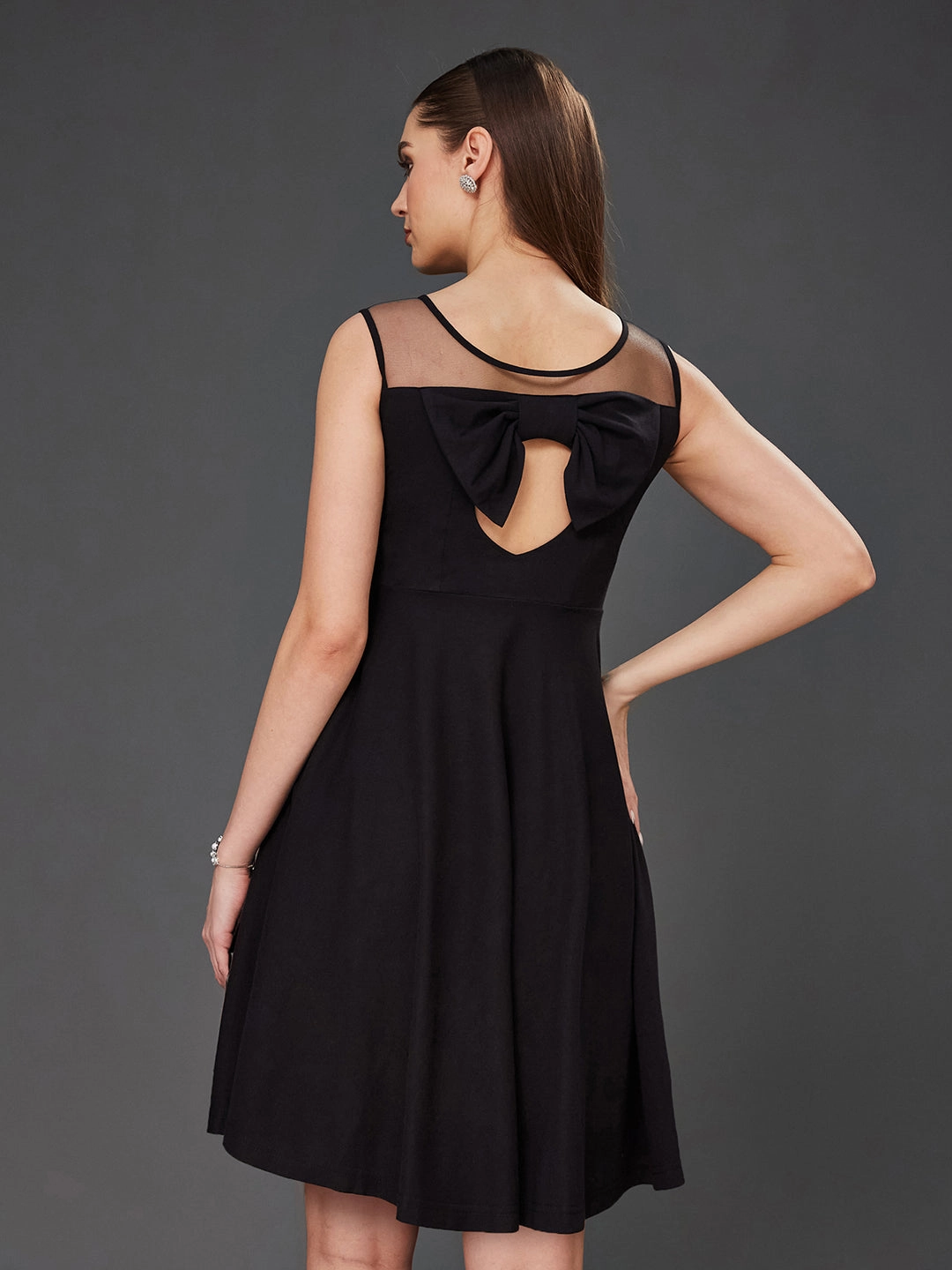 Natural Layers Women's Black Round Neck Sleeveless Back Cut Out Bow Mini Skater Dress