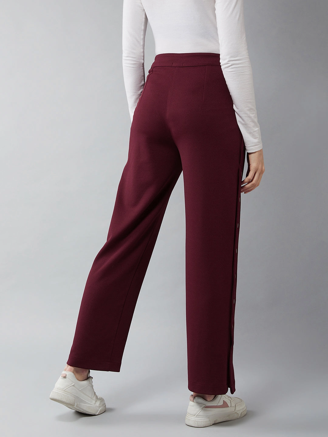 Women's Wine Red Solid Regular Fit Flared Trouser Compression Support Lining