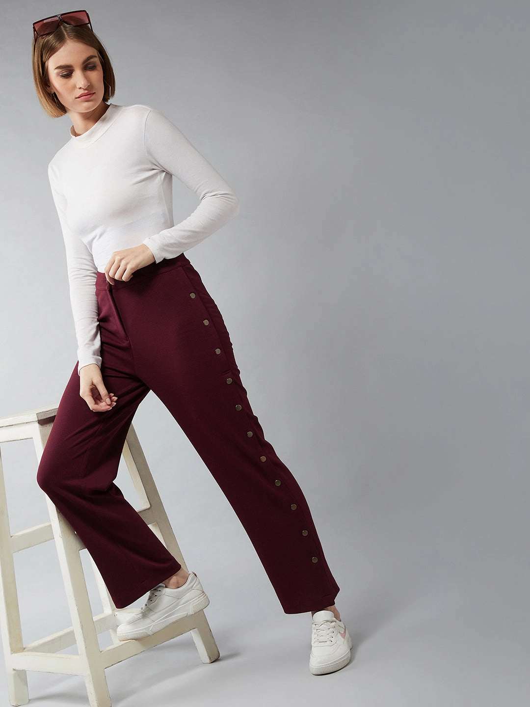 Women's Wine Red Solid Regular Fit Flared Trouser Chic Appeal All Day Use