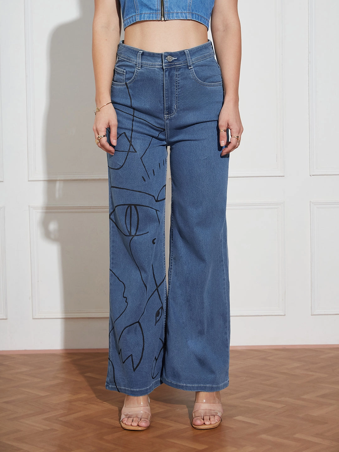All Day Comfort Design Hand-Painted Denims: Unraveled Faces Line Art Wide-Leg Jeans