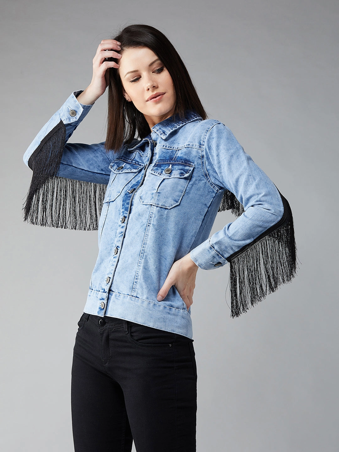 Women's Light Blue Polo Neck Full Sleeves Solid Bomber Regular Jacket Clean Fit Design Flexible Side Gussets